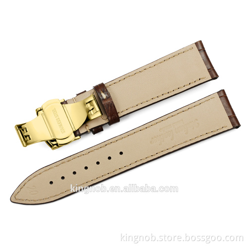 18 to 22mm Stainless Steel Gold Deployment Clasp Calf Leather Watch Band Strap